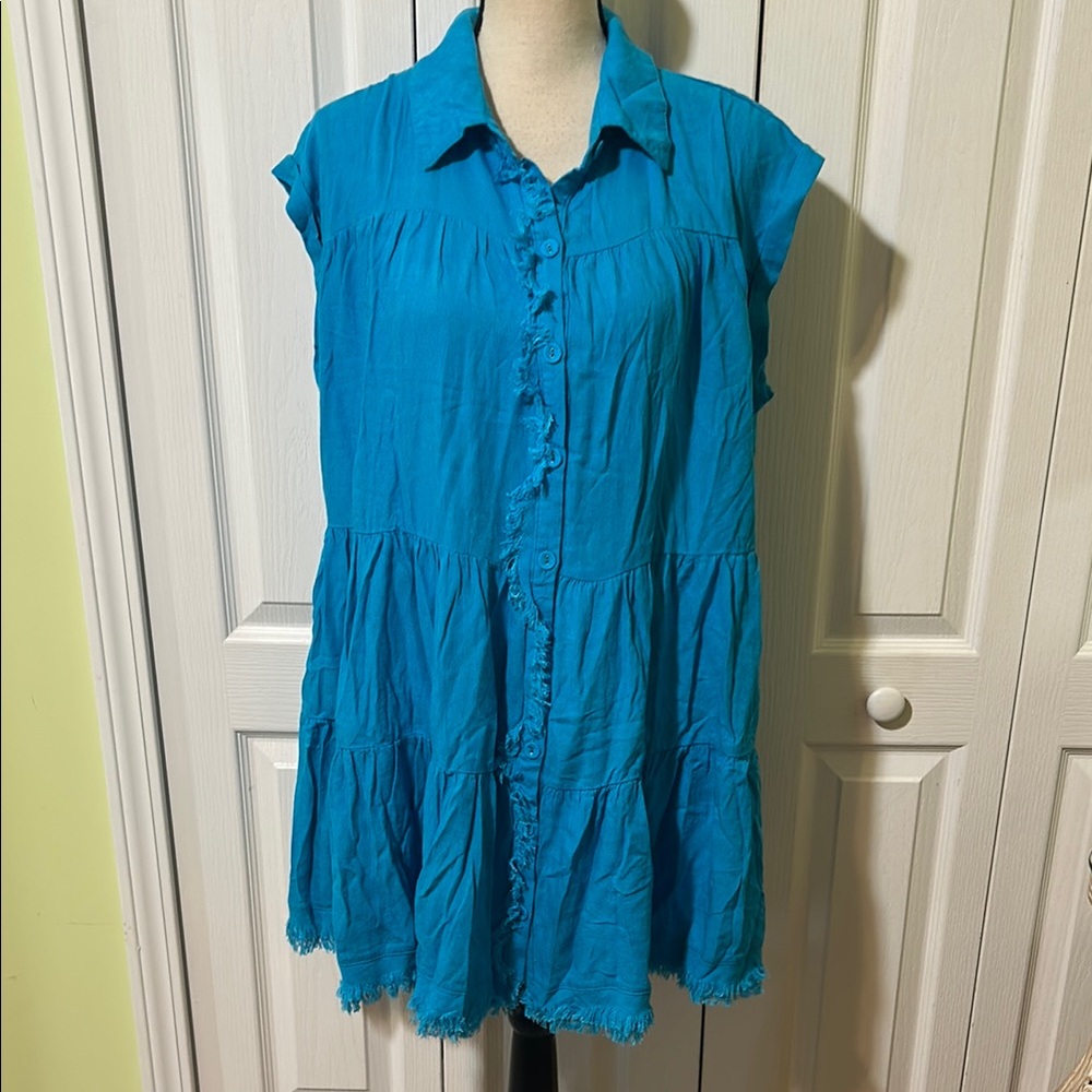Umgee Blue Button Down Tunic dress with Notched Collar